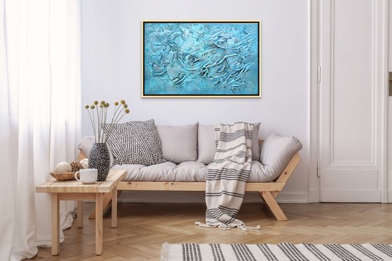 CORAL REEF II. Large Abstract Blue Teal Silver Gray Textured Painting 3D