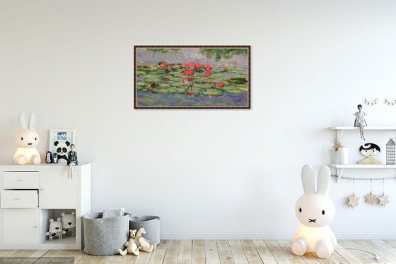 WATER LILY POND - Landscape with rose waterlily - oil painting - small size