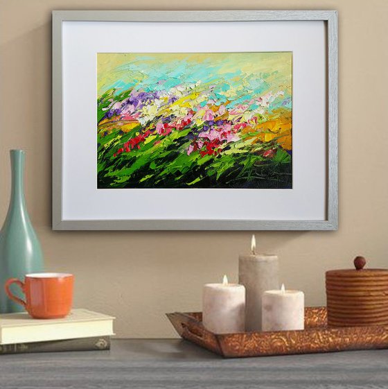 Wild flowers in the garden - Painting original oil impasto, blooming summer flowers artwork