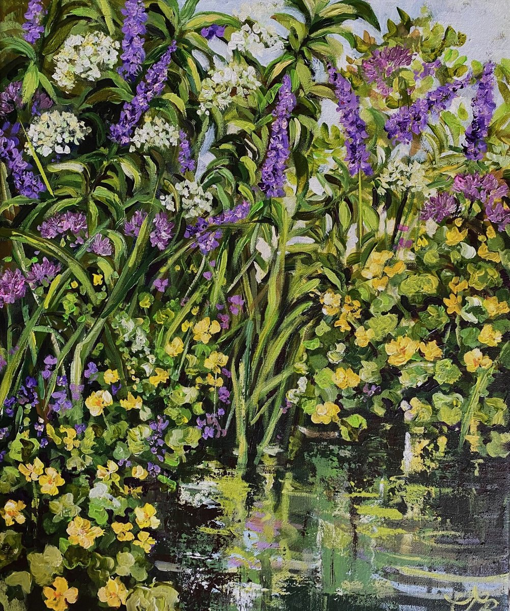 Impressionistic Landscape Acrylic Painting By Colette Baumback, 18 X 22, Riverbank Flowers, Original Artwork