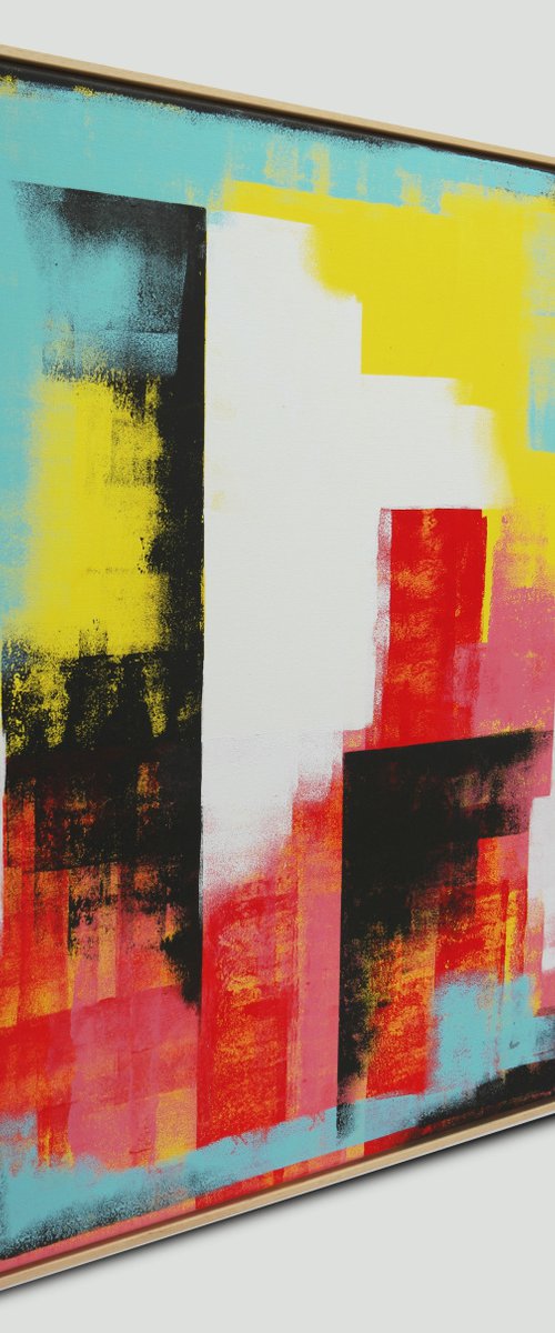 Vertical Abstract Painting - Incl Frame - Untitled in Yellow & Red - 95x115cm - Ronald Hunter - 06J by Ronald Hunter