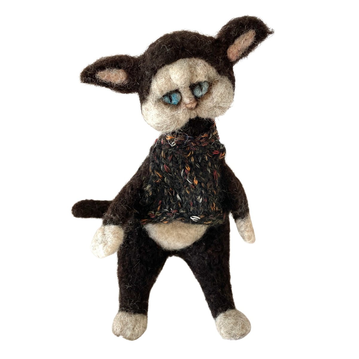 Expressive Animal Sculpture By Eleanor Gabriel, 4 X 11, Cat Pierrot, Original Artwork