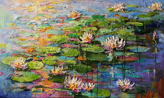 Lilies - painting impasto oil original, water lilies, flowers pond