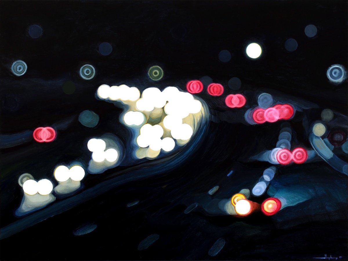 Organic Cityscapes Acrylic Painting By Alex Nizovsky, 40 X 30, Nocturne #12 / Highway 101, Original Artwork