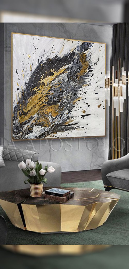 Black and White Original Abstract Painting with Gold Leaf, Silver Leaf and Metallic Accents for Modern Contemporary Home or Office Decor by Julia Apostolova by Julia Apostolova