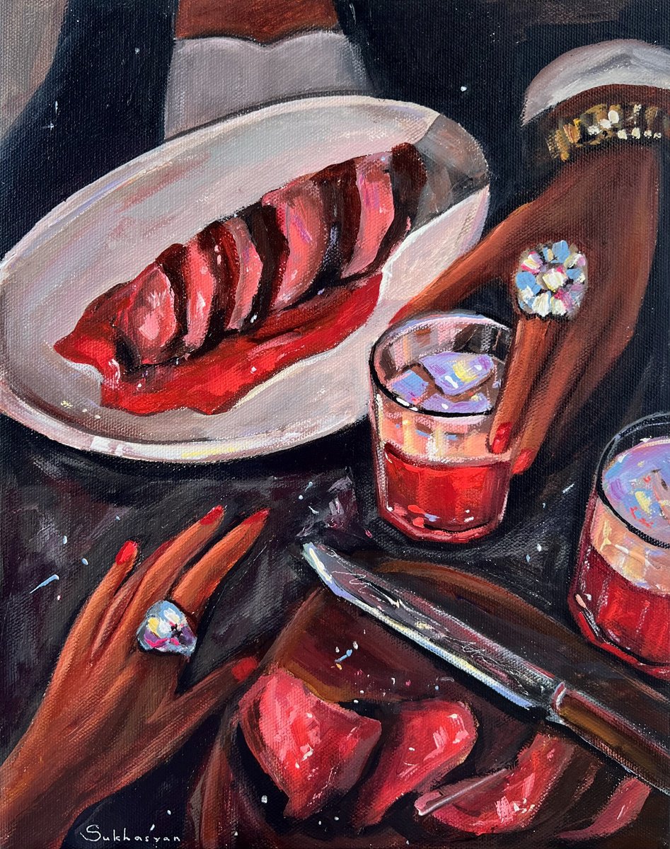 Impressionistic Still Life Acrylic Painting By Victoria Sukhasyan, 11 X 14", - And For The Lady Perhaps A Salad? -Perhaps Not”., Artfinder