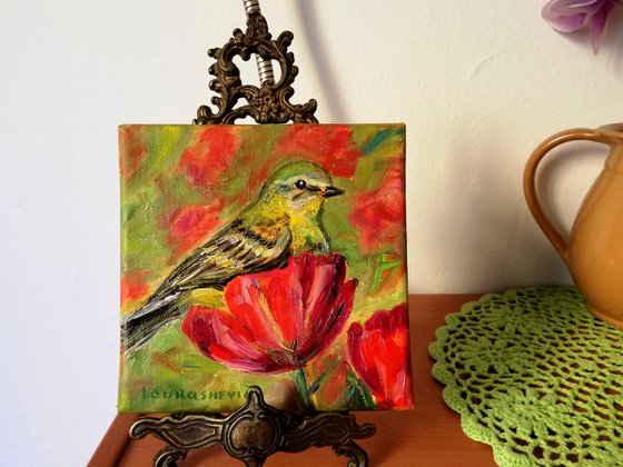Vibrant Bird 6x6"Oil on Canvas,Exotic Bird Painting,Sweet Home Decoration,Small Square Artwork,Mini Fine Art Piece,Gallery Wall Collection