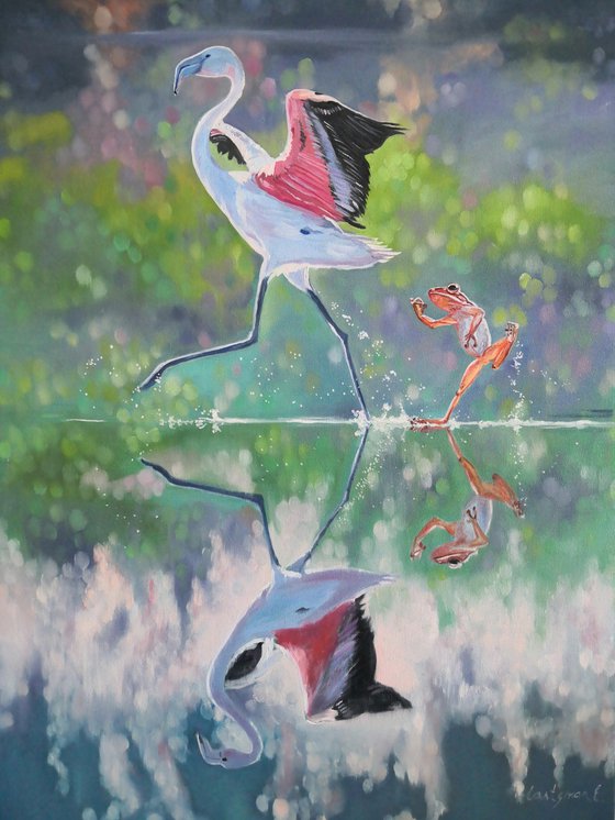 Pink flamingo and a frog playing catch-up - funny animals collection