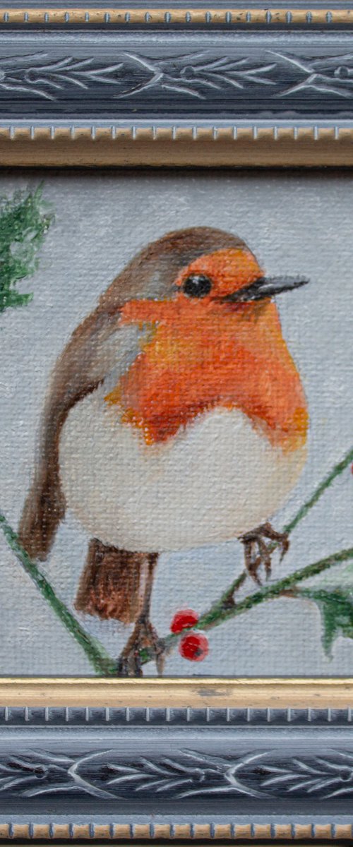 Christmas Robin Tiny Framed oil painting by Mila Moroko