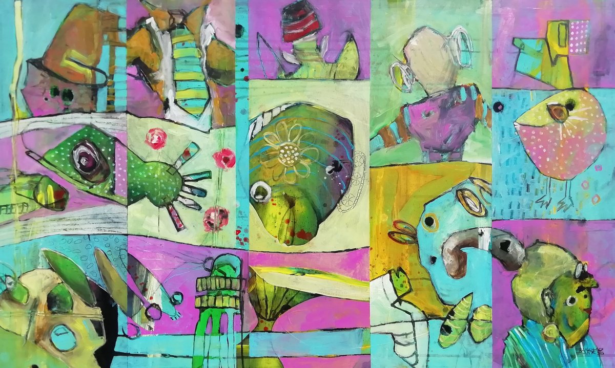 Expressive Abstract Acrylic Painting By Francisco Santos, 43 X 26, Abstract Fragments 8, Original Artwork