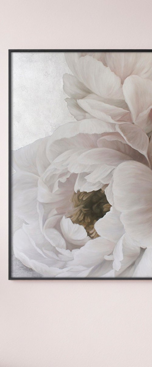 "Soft Peonies" White silver flowers oil art by Olha