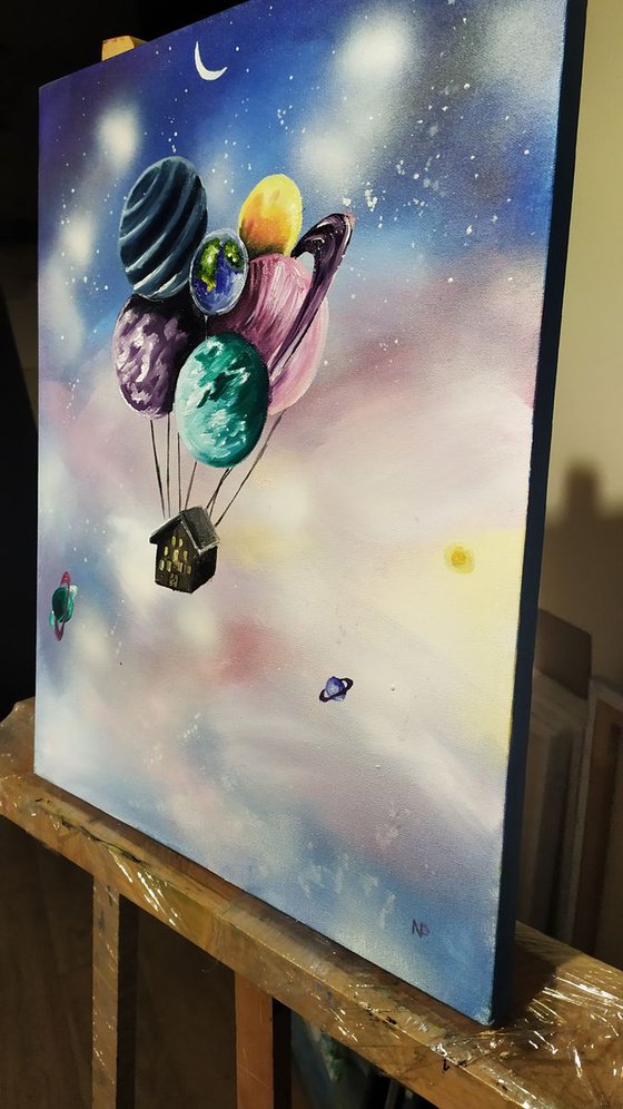 Fly High, original surreal painting, gift idea, art for home, room decor