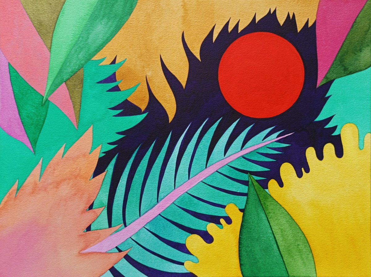 Naive Landscape Watercolour By Veronika Demenko, 19 X 14", Tropical Eden N.8, Original Artwork