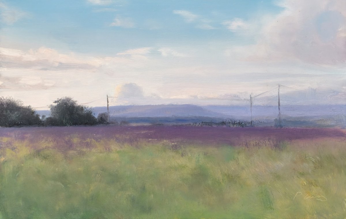 Impressionistic Landscape Oil Painting By Pascal Giroud, 12 X 7", Lavender In The Evening Light, Original Artwork