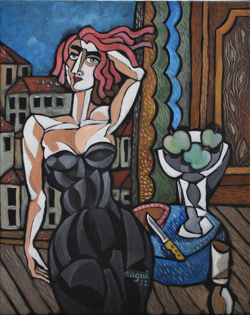 Expressive Portrait Acrylic Painting By Nagui, 16 X 20", Parga, Original Artwork