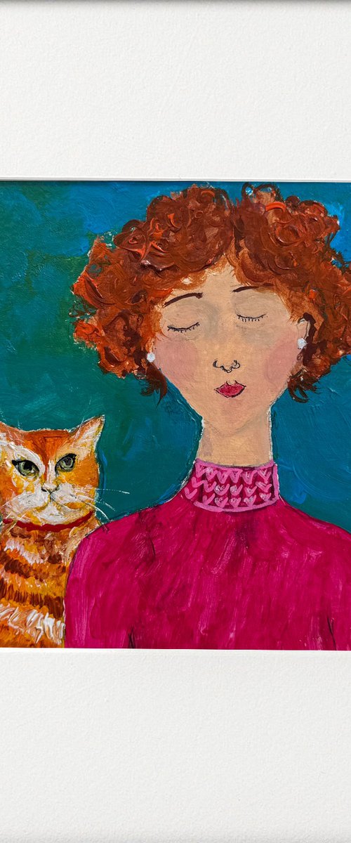 Girl red hair marmalade Cat by Teresa Tanner