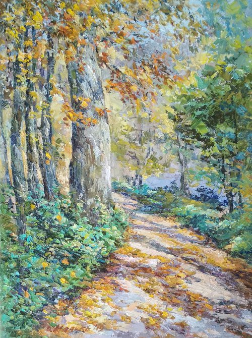 Autumn path / Fall landscape Pathway through trees Way in forest by Olha Malko