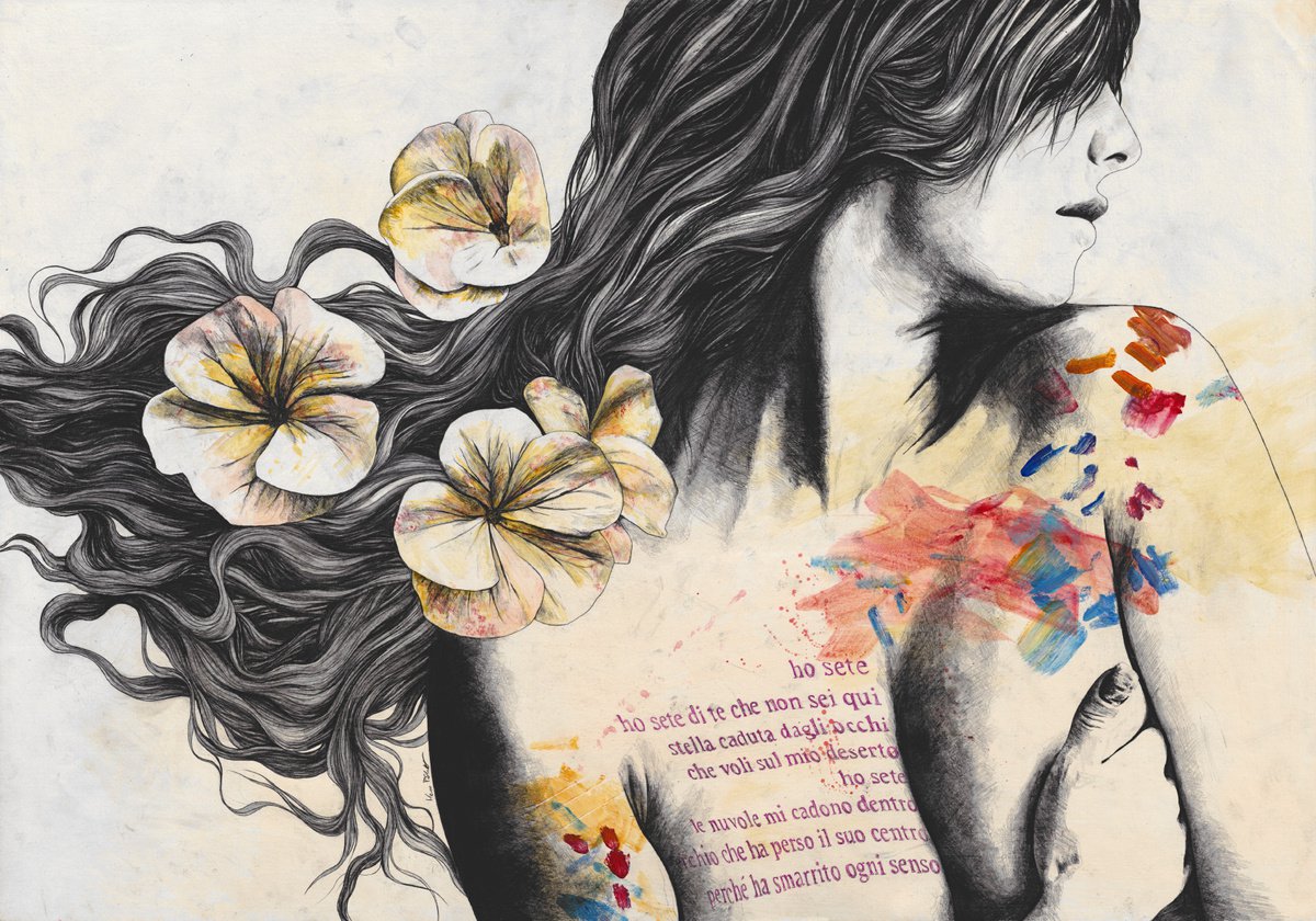 Fatamorgana | female nude realistic portrait | street art flowers illustration by Marco Paludet
