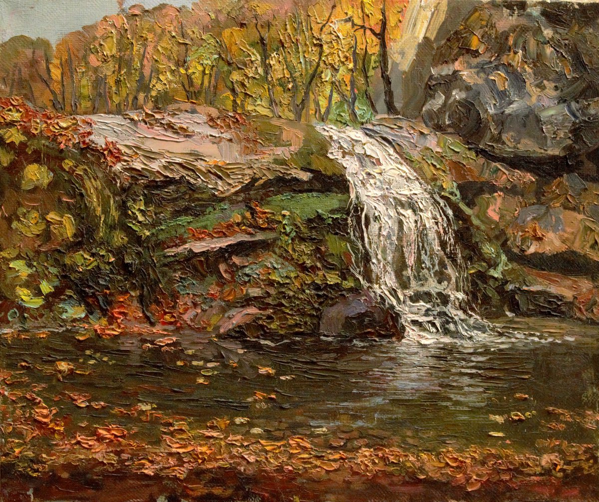 Autumn waterfall impasto oil painting by Dmitry Revyakin