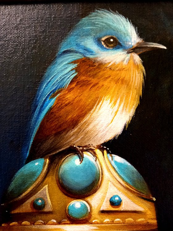 Sweet little blue bird - original acrylic on canvas framed- 26 x 31 cm /10 x 12 inches