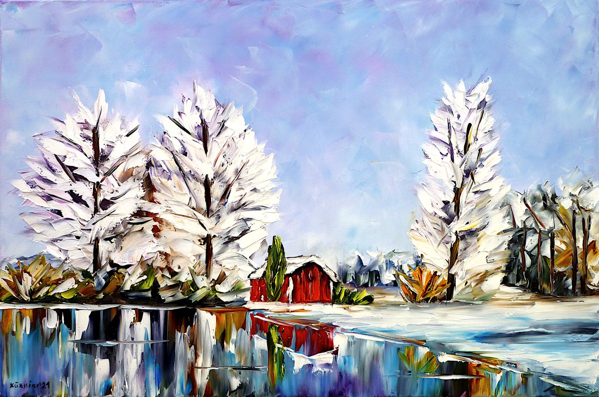 Expressive Landscape Oil Painting By Mirek Kuzniar, 24 X 16", Winter By The Lake, Original Artwork