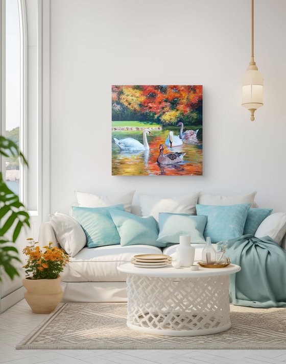 Swans in the lake acrylic painting