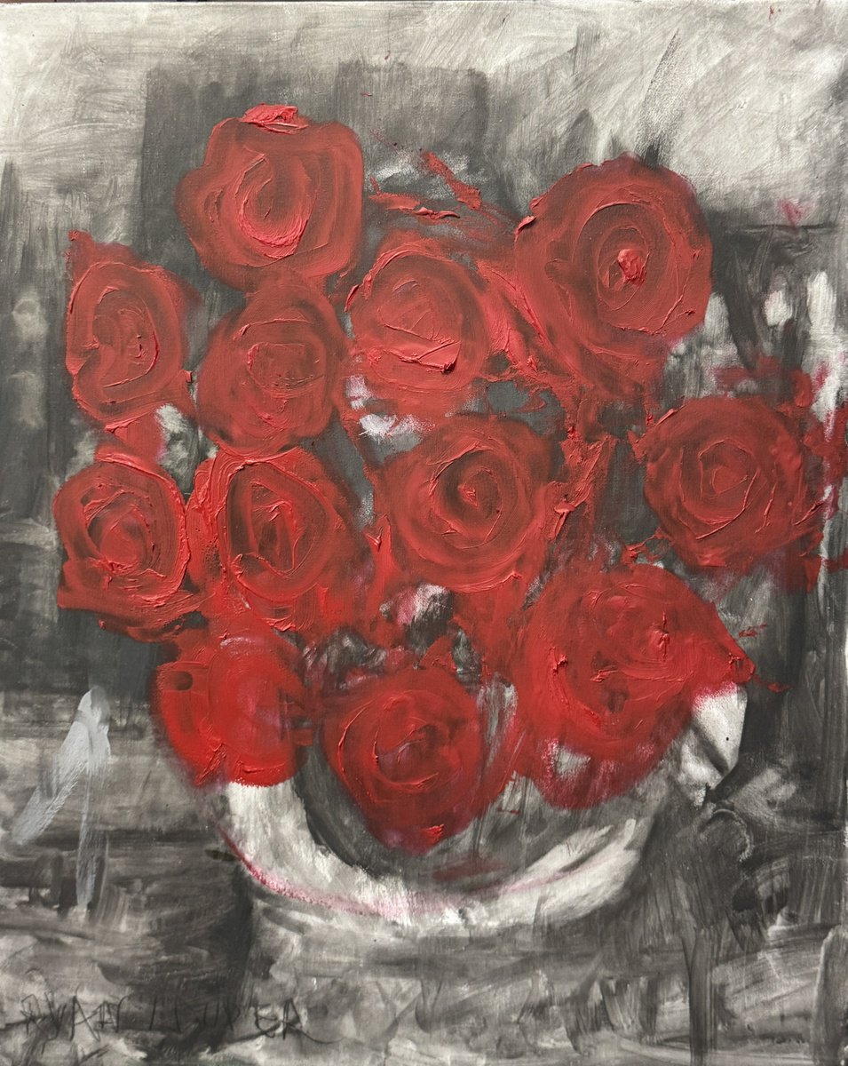 Expressive Botanical Acrylic Painting By Ryan Louder, 16 X 20", A Dozen Red Roses, Original Artwork