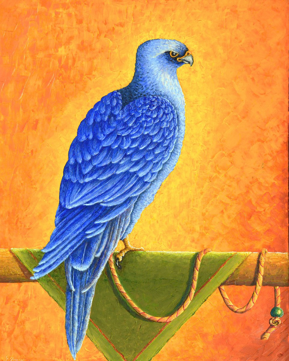 Surrealistic Animal Oil Painting By Giuliano Monechi, 17 X 21, Falco Azzurro, Original Artwork