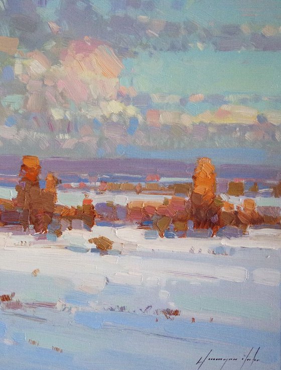 Landscape Oil painting, Winter, River Side, One of a kind, Signed with Certificate of Authenticity