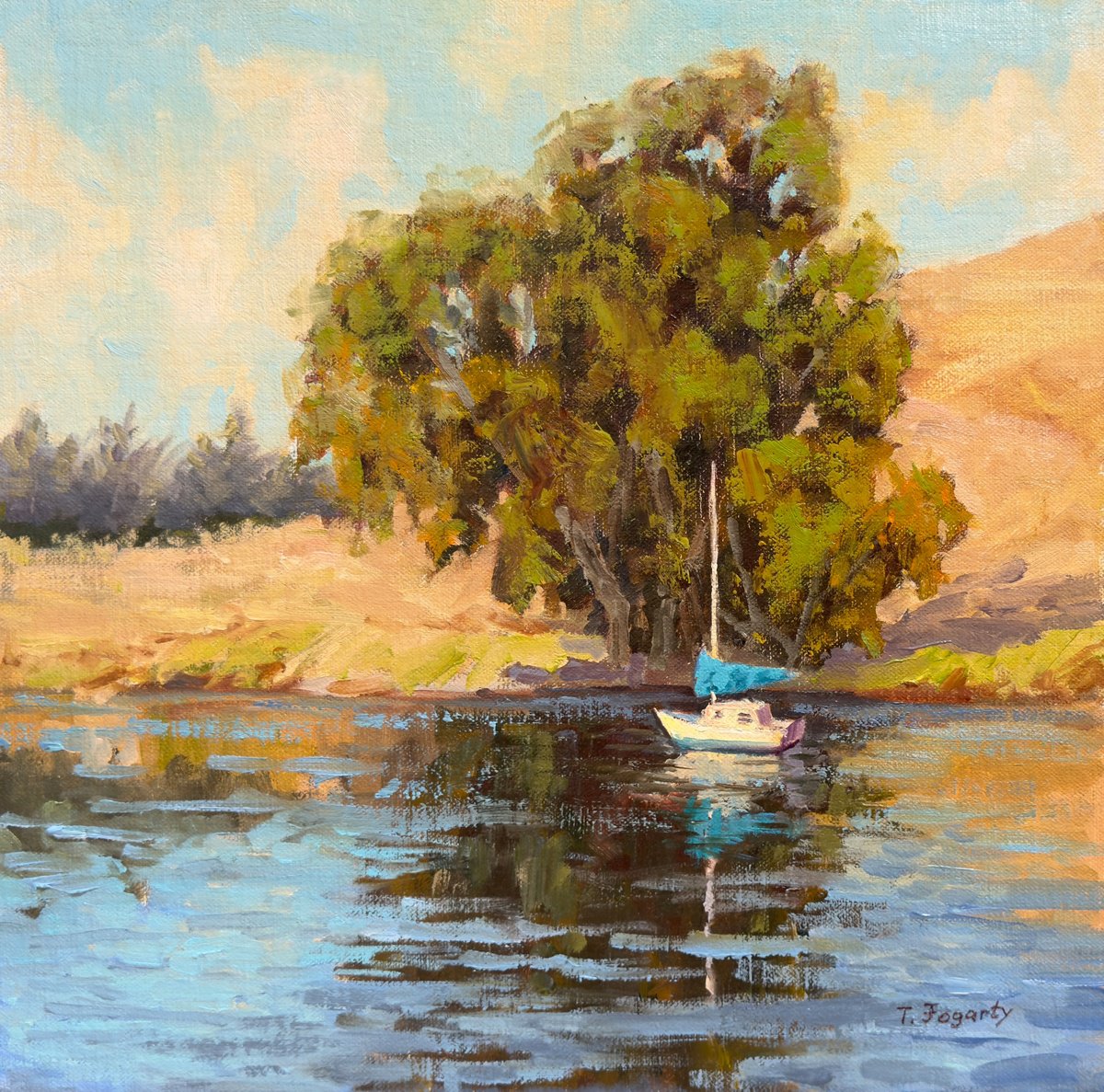 Impressionistic Landscape Oil Painting By Tatyana Fogarty, 12 X 12", Boat On Tomales Bay, Original Artwork