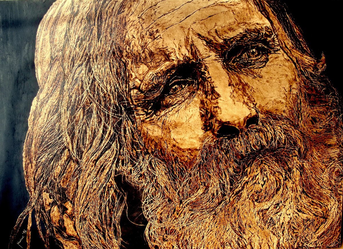 Expressive Portrait Painting By Milis Pyrography, 28 X 20", Nostalgia, Original Artwork