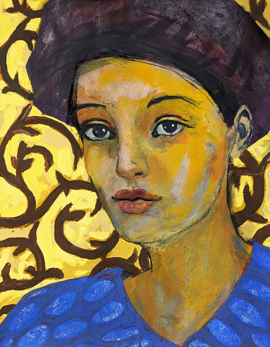 Expressive Portrait Acrylic Painting By Richard Kuhn, 20 X 26", Girls On Paper 2710_23, Original Artwork