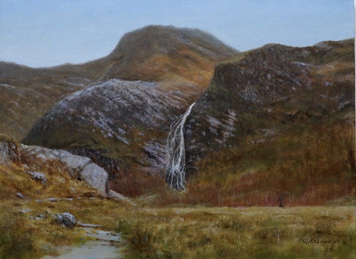 Impressionistic Landscape Acrylic Painting By Gerard Kramer, 16 X 12, Steall Falls, Original Artwork