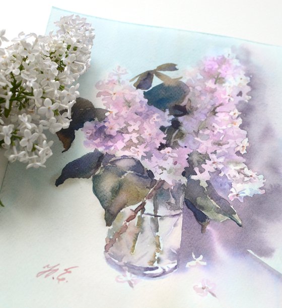 Lilac branch in a glass, Watercolor spring