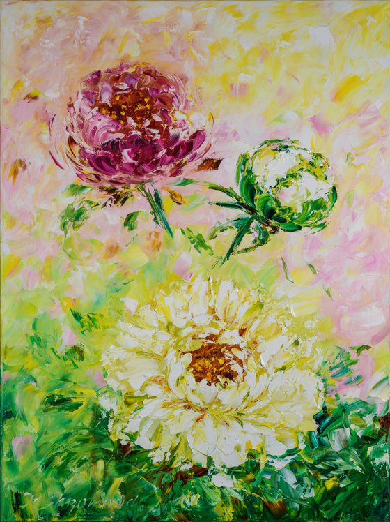 MOMENTS OF SUMMER - Beautiful abstraction. Pink peonies. Summer picture. Large flowers. Strokes. Style. Romance.