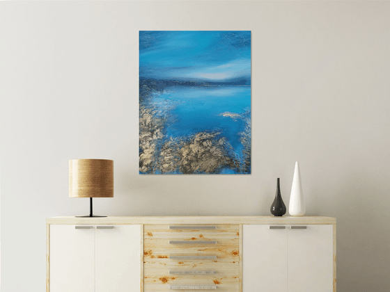 A XL large original modern semi-abstract painting "Blue Lagoon"