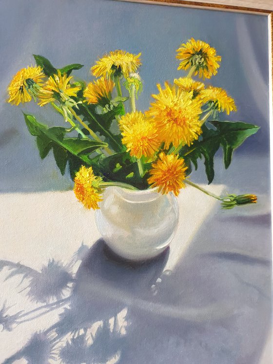 "Bouquet from a young gentleman. "  still life summer  dandelion   white liGHt original painting  GIFT (2021)