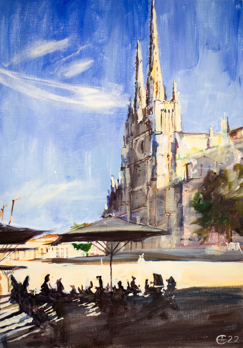Bordeaux. Veiw of Cathedral with street cafe. Original acrylic painting france shade contr... by Sasha Romm