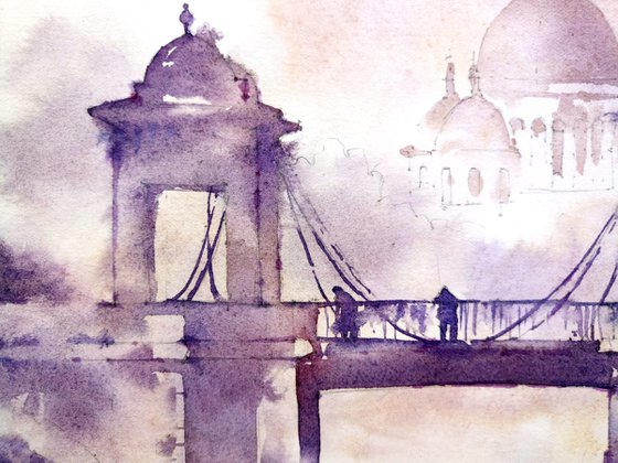 "Romantic city landscape with a bridge, St. Petersburg" architectural landscape - Original watercolor painting