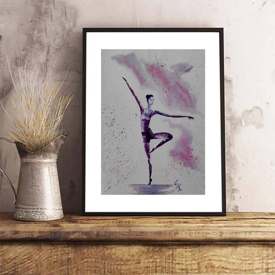 dancer original purple monochrome watercolor paintig " Dancing soul"