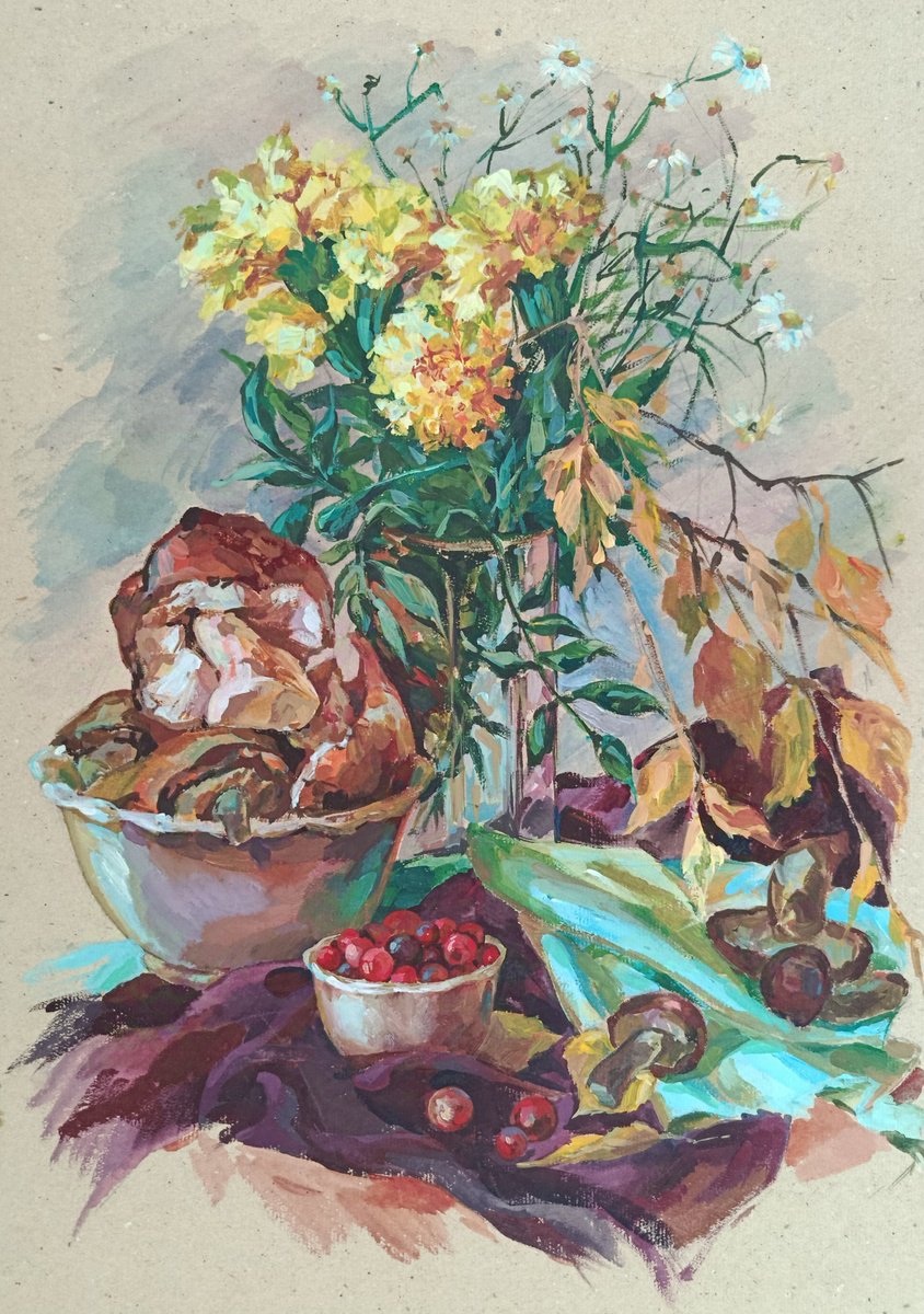 Impressionistic Still Life Acrylic Painting By Tetiana Borys, 12 X 17", The Garden Of Autumn, Original Artwork