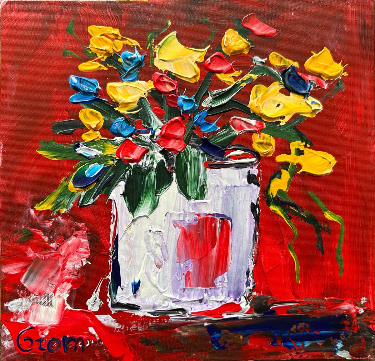 Impressionistic Botanical Acrylic Painting By Oksana Fedorova, 10 X 10", Red Background Texture Flowers, Original Artwork