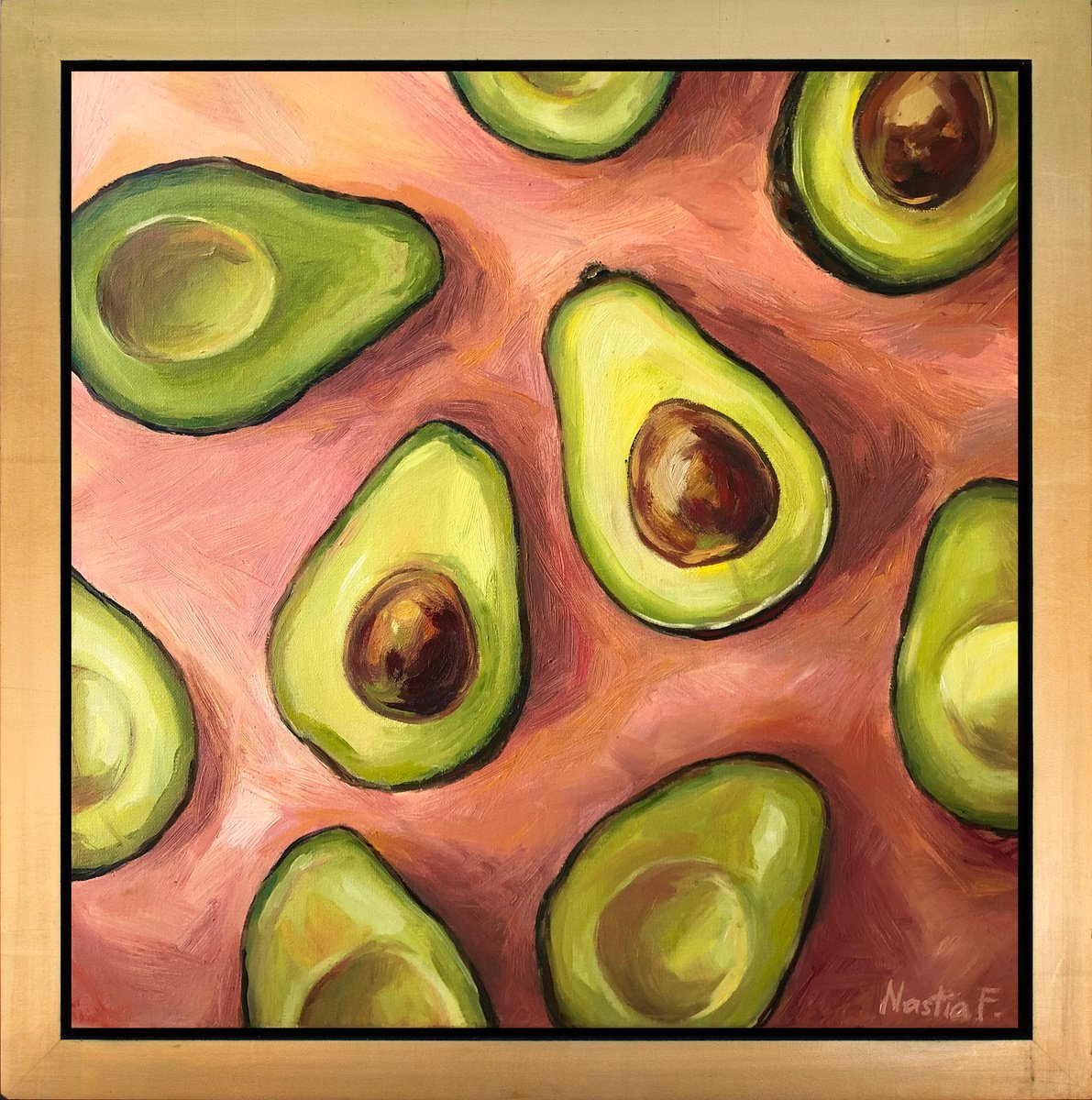 OTHER HALVES, Original Vibrant Minimalist Square Avocados Oil Painting by Nastia Fortune