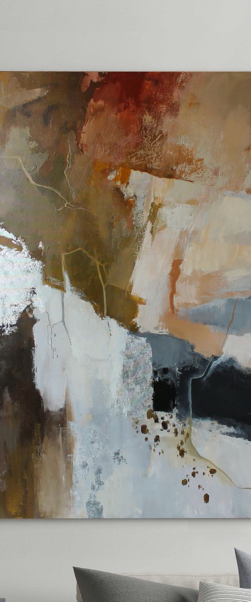 "Impression" Brown silver abstract acrylic by Yana Sagan