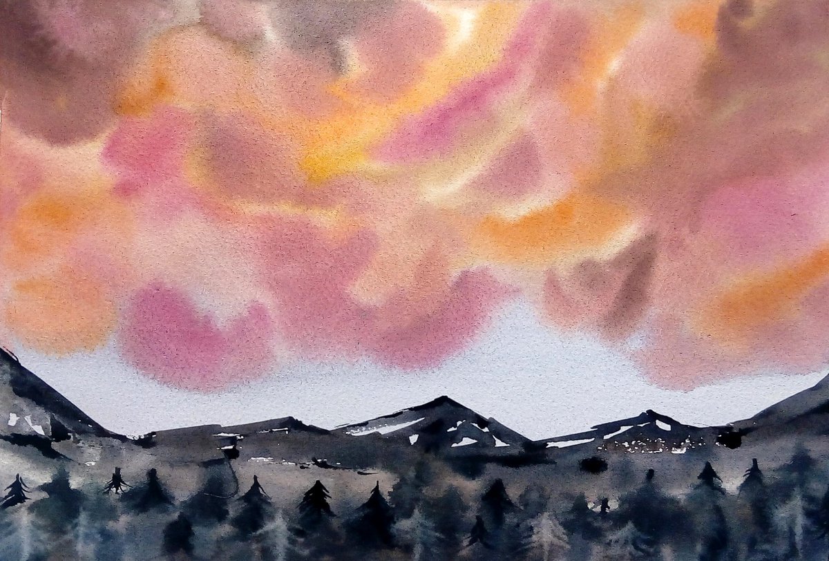 Mountain range art / Sunset clouds painting by Marina Zhukova