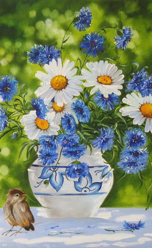 Daisies and Cornflowers with Birds by Natalia Shaykina