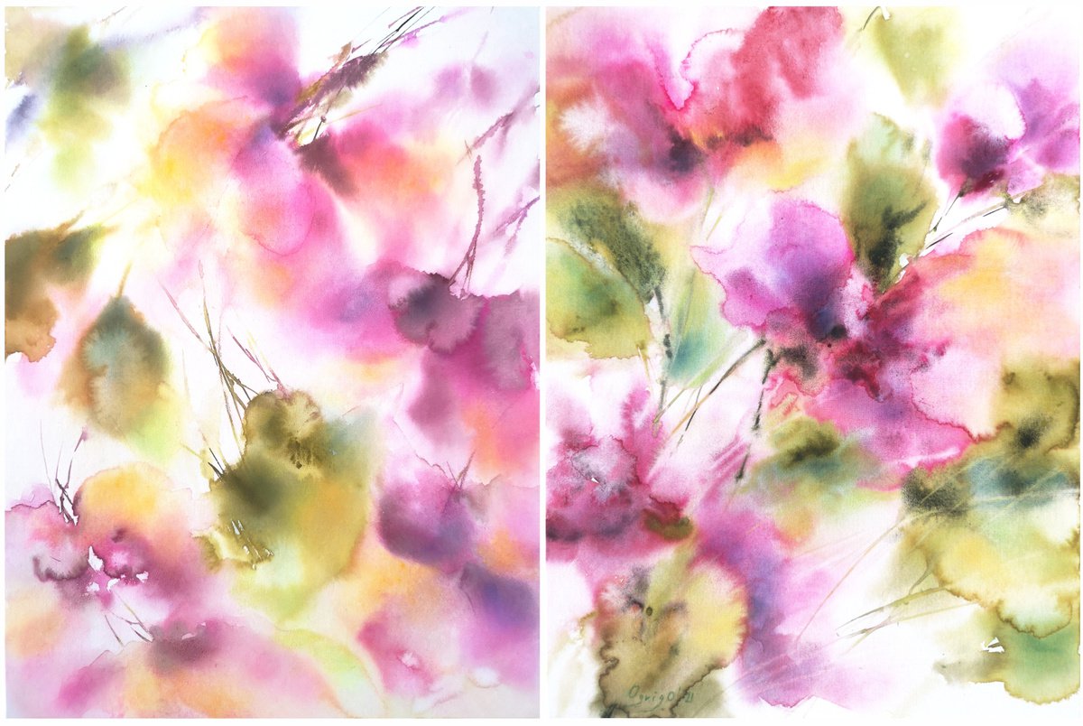 Diptych with pink abstract flowers by Olya Grigo