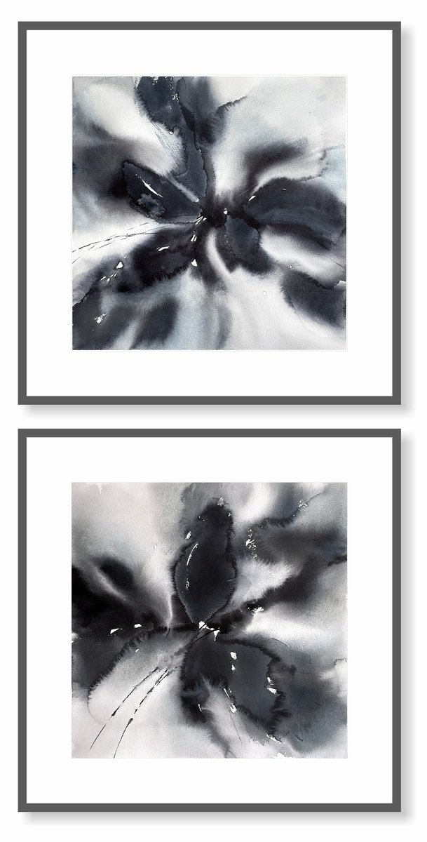 Black abstract flowers diptych by Olga Grigo