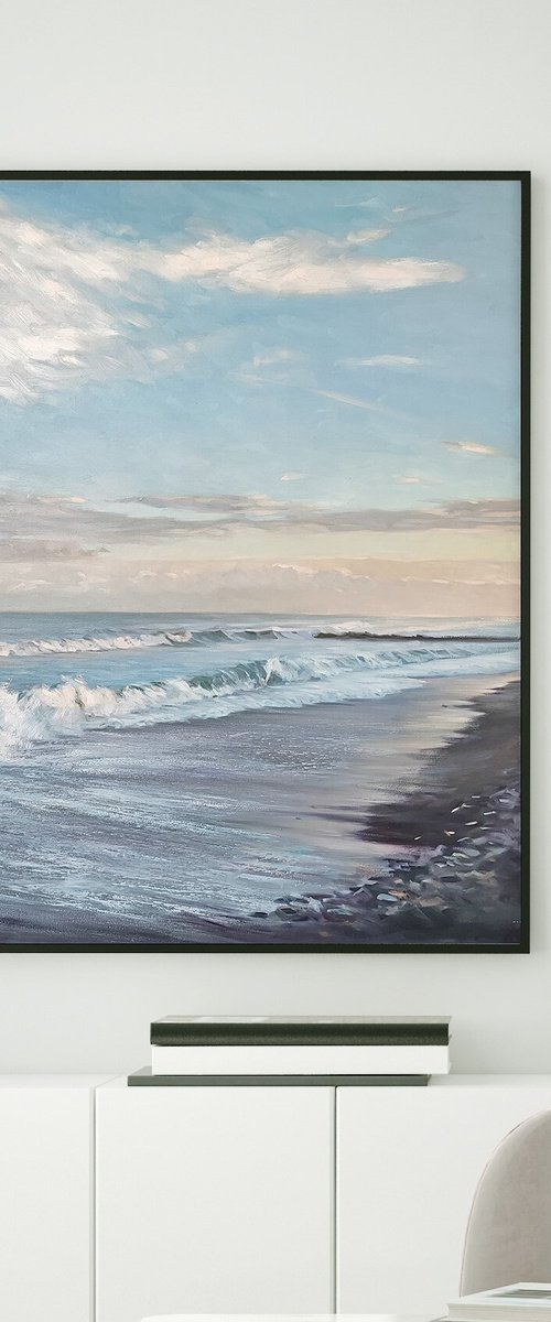 "Sea" Blue white seashore oil art by Mary Amur