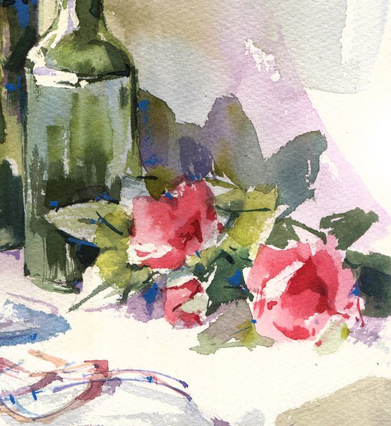 "Afternoon in a summer garden" still life with roses and green bottles